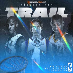 Blazing the Trail graphic. 3 Basketball players look at the camera. A smaller player is shooting hoops and there is a basketball hoop in the foreground.