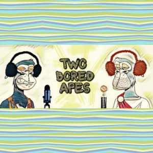 Two Bored Apes podcast logo. We see two apes wearing headphones and speaking into microphones.