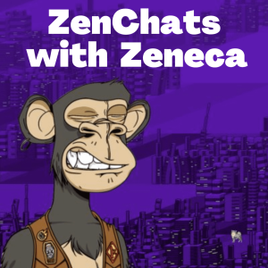 Zenchats with Zeneca logo. There is a monkey graphic on a purple background