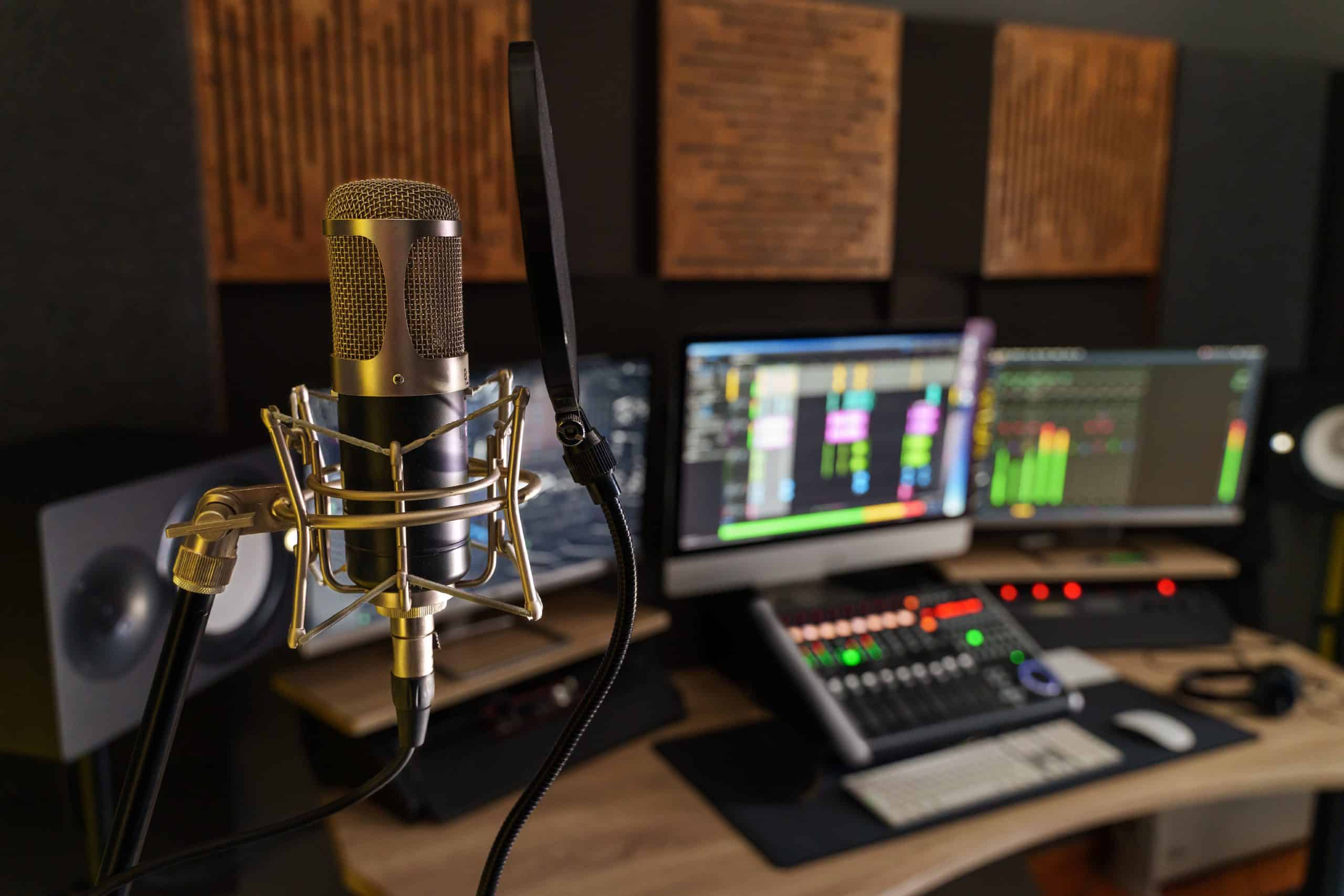 Professional microphone in a small music sound production studio workstation