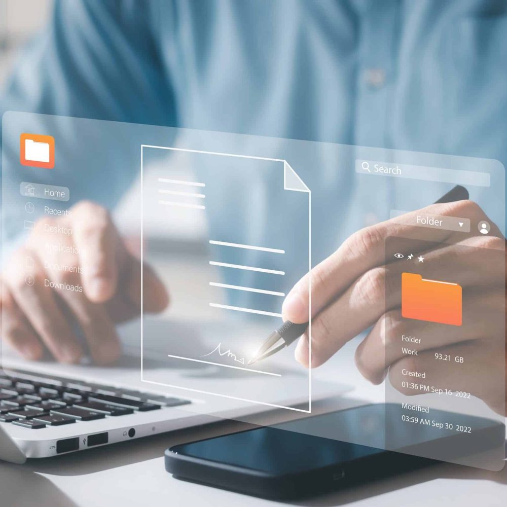 Electronic signature concept, business people sign electronic documents on digital documents, paperless office, future business contract signing.