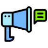 Graphic of a speaker with green text bubble emblem